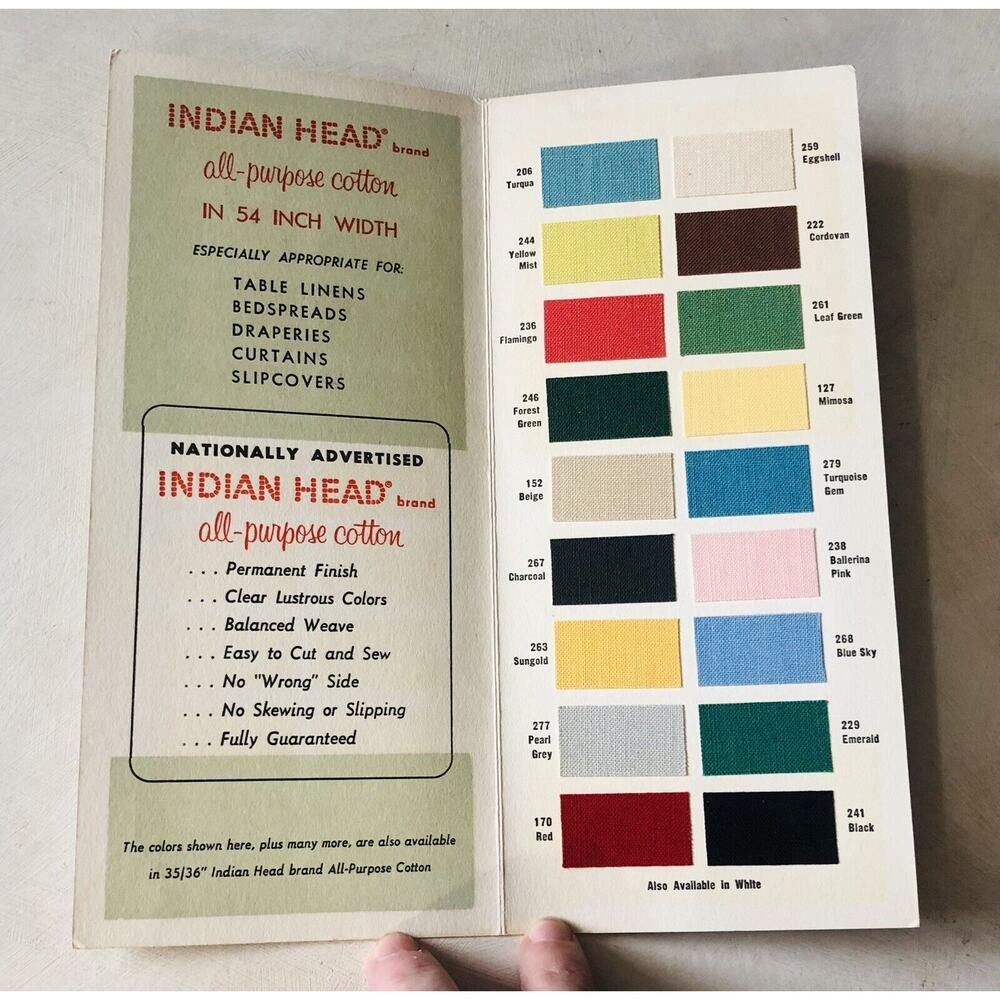 Vintage 1956 Indian Head Mills Sample Color Swatch Pamphlet All-Purpose Cotton